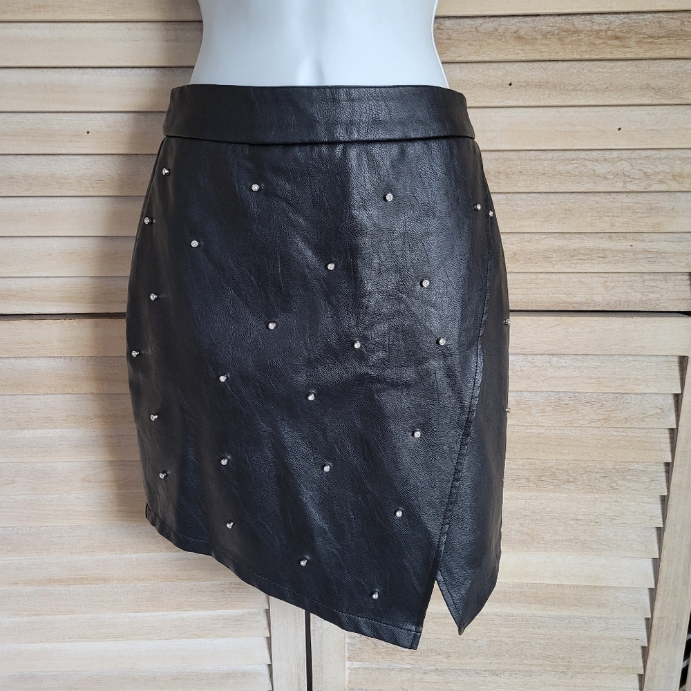By the Way Faux Leather ASHLYN Black Studded Rhinestone Assymetrical  Skirt XS